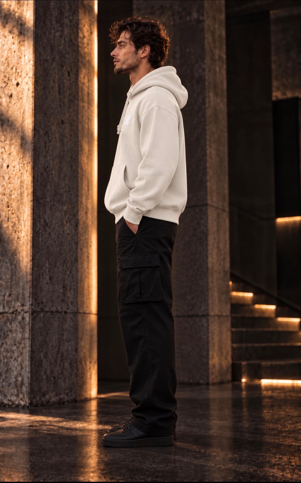     Model wearing a bone cream oversized hoodie, side-profile fit