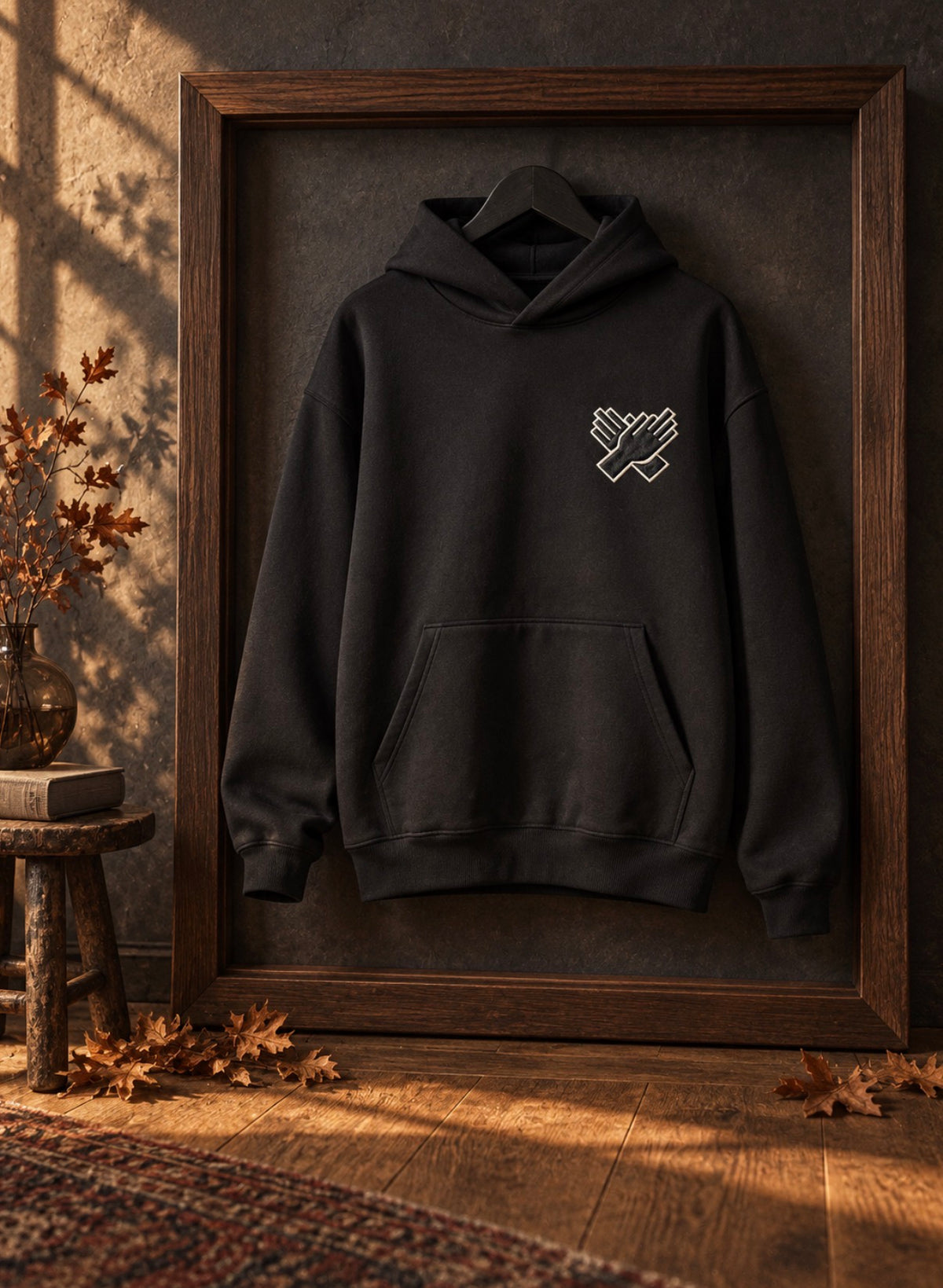   NINE N HALF black heavyweight hoodie with embroidered hand logo – front view