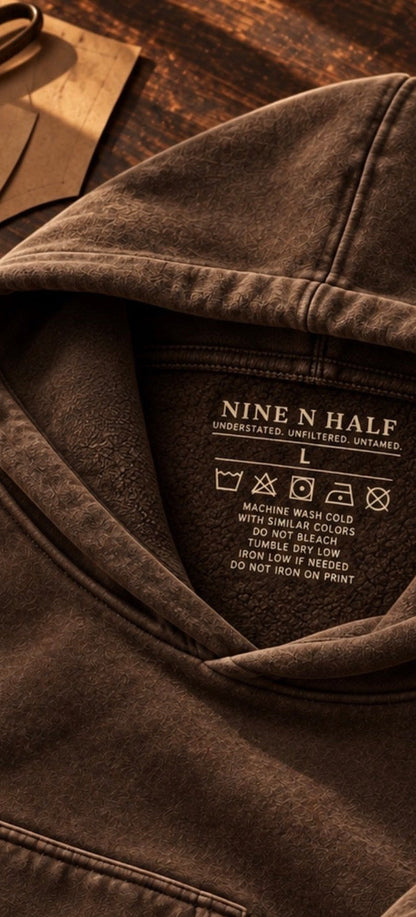         NINE N HALF brown heavyweight hoodie – fabric cuff and stitching detail