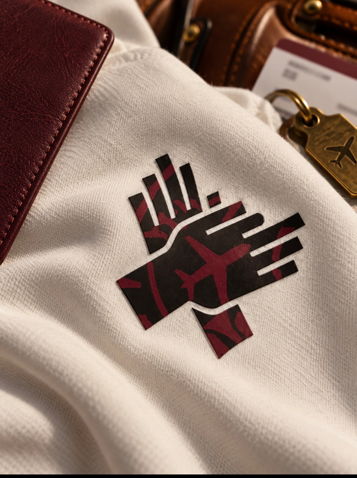     Close-up of black and burgundy DTF hand logo on NINE N HALF white hoodie