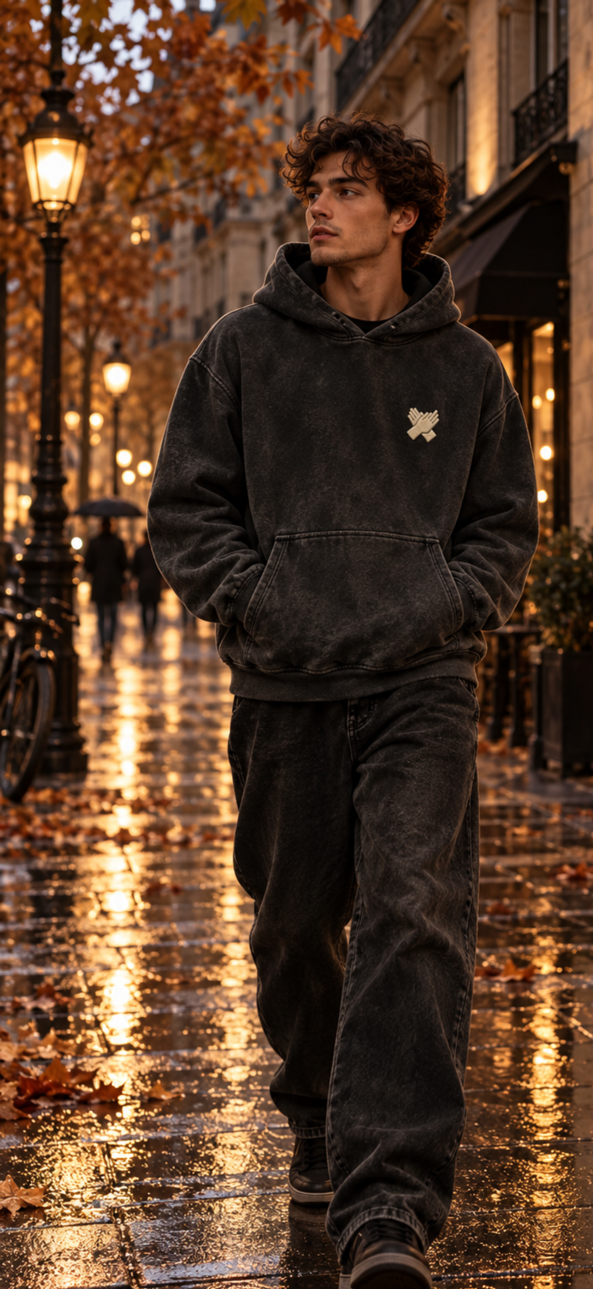     Vintage black oversized hoodie styled on a city street in autumn