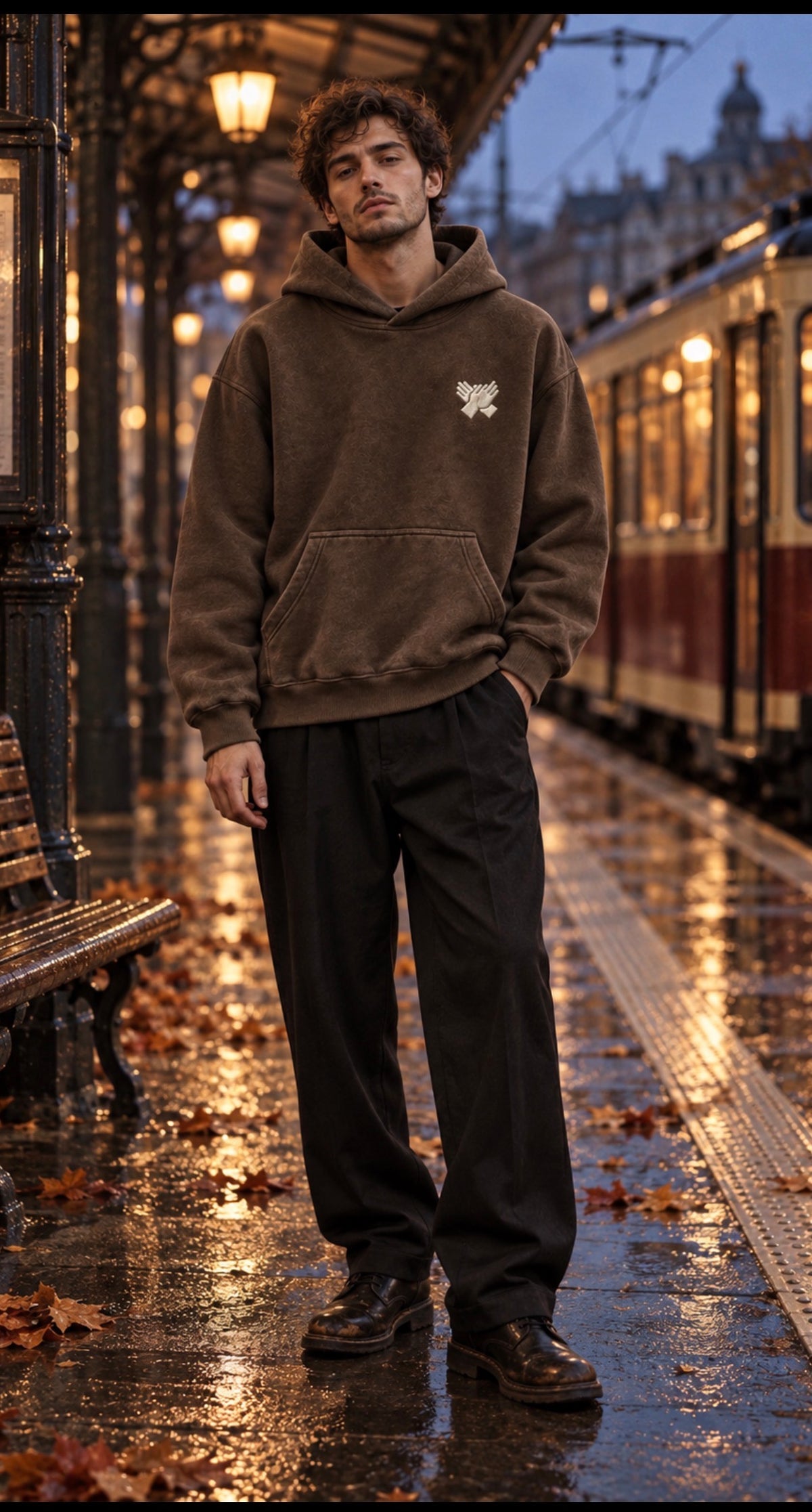     Men’s NINE N HALF brown heavyweight hoodie – front streetwear fit