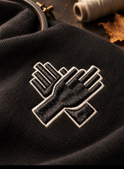     NINE N HALF black hoodie 3 x 3.5 embroidered hand logo – close-up