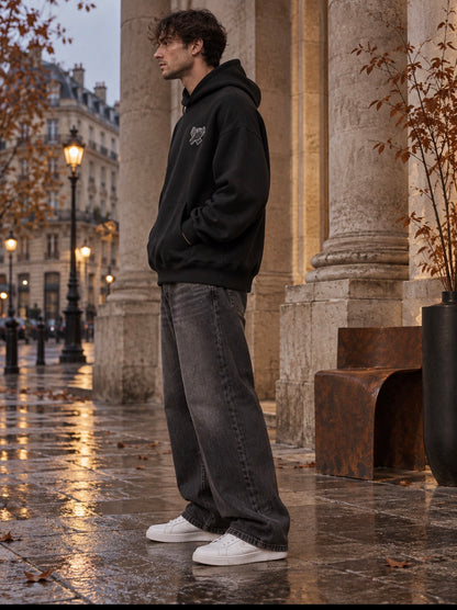    NINE N HALF black heavyweight hoodie – relaxed side fit view