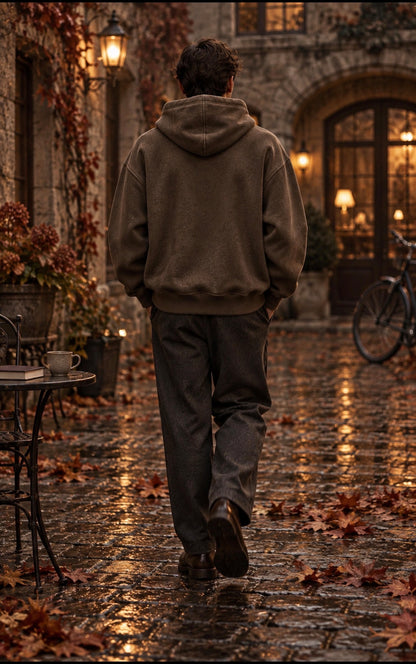    NINE N HALF brown heavyweight hoodie – back fit on model