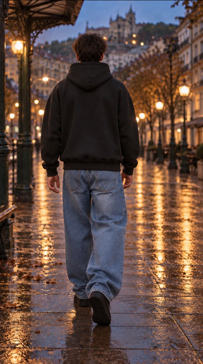    NINE N HALF black heavyweight hoodie – back fit on model