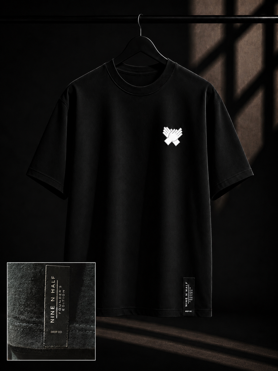     Close-up of black Nine N Half Founders Collection tee patch 