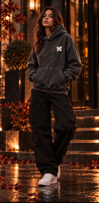 Female Model wearing a vintage black oversized Nine N Half hoodie 