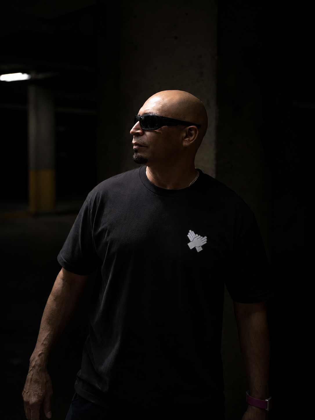     Close-up of black Nine N Half Signature Collection Tee logo in color white