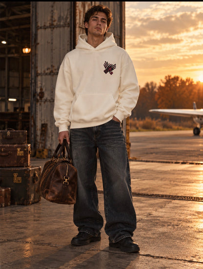     Man wearing NINE N HALF white heavyweight streetwear hoodie