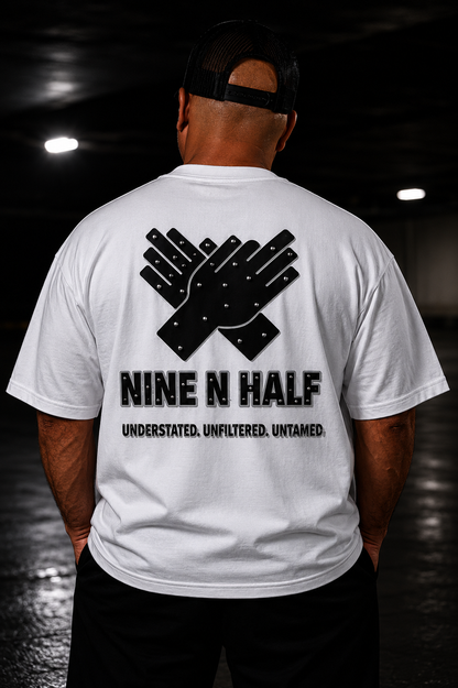    Close-up of the Nine N Half Founders Collection Tee white with black logo 