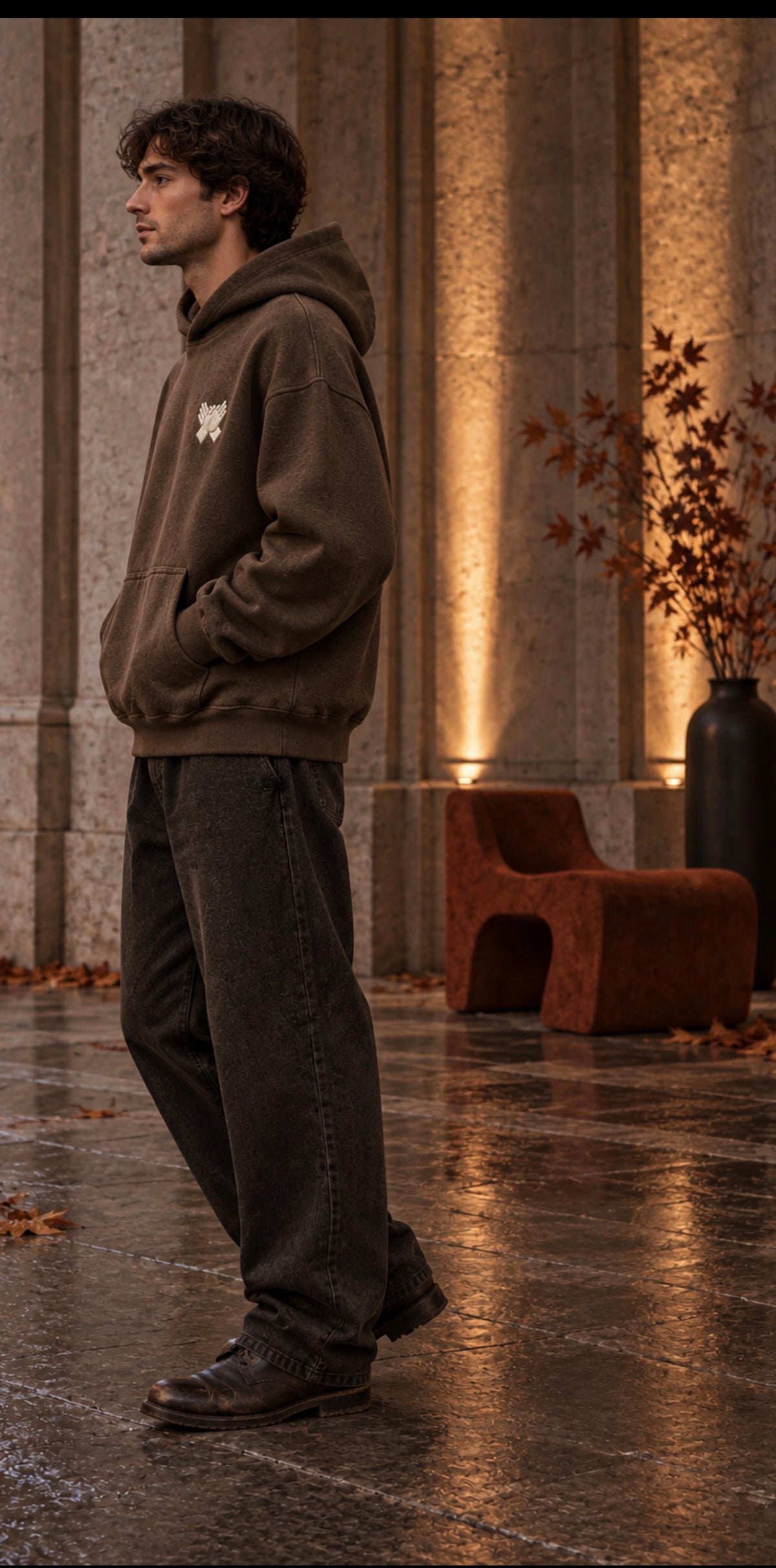        NINE N HALF brown heavyweight hoodie – side fit lifestyle view