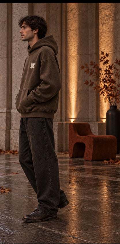        NINE N HALF brown heavyweight hoodie – side fit lifestyle view
