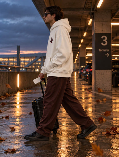     NINE N HALF white heavyweight hoodie styled for fall streetwear Side view