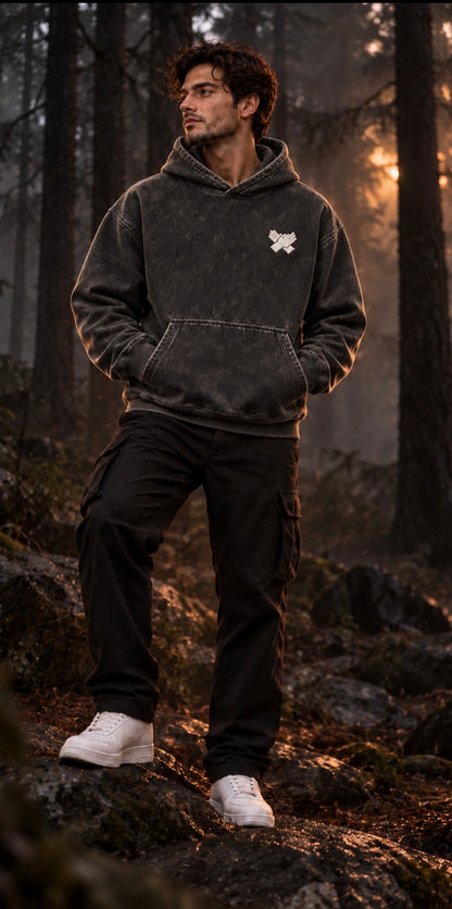  Model wearing a vintage black oversized Nine N Half hoodie.