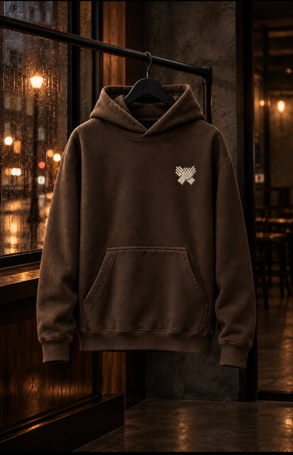     NINE N HALF brown heavyweight hoodie with embroidered hand logo – front view