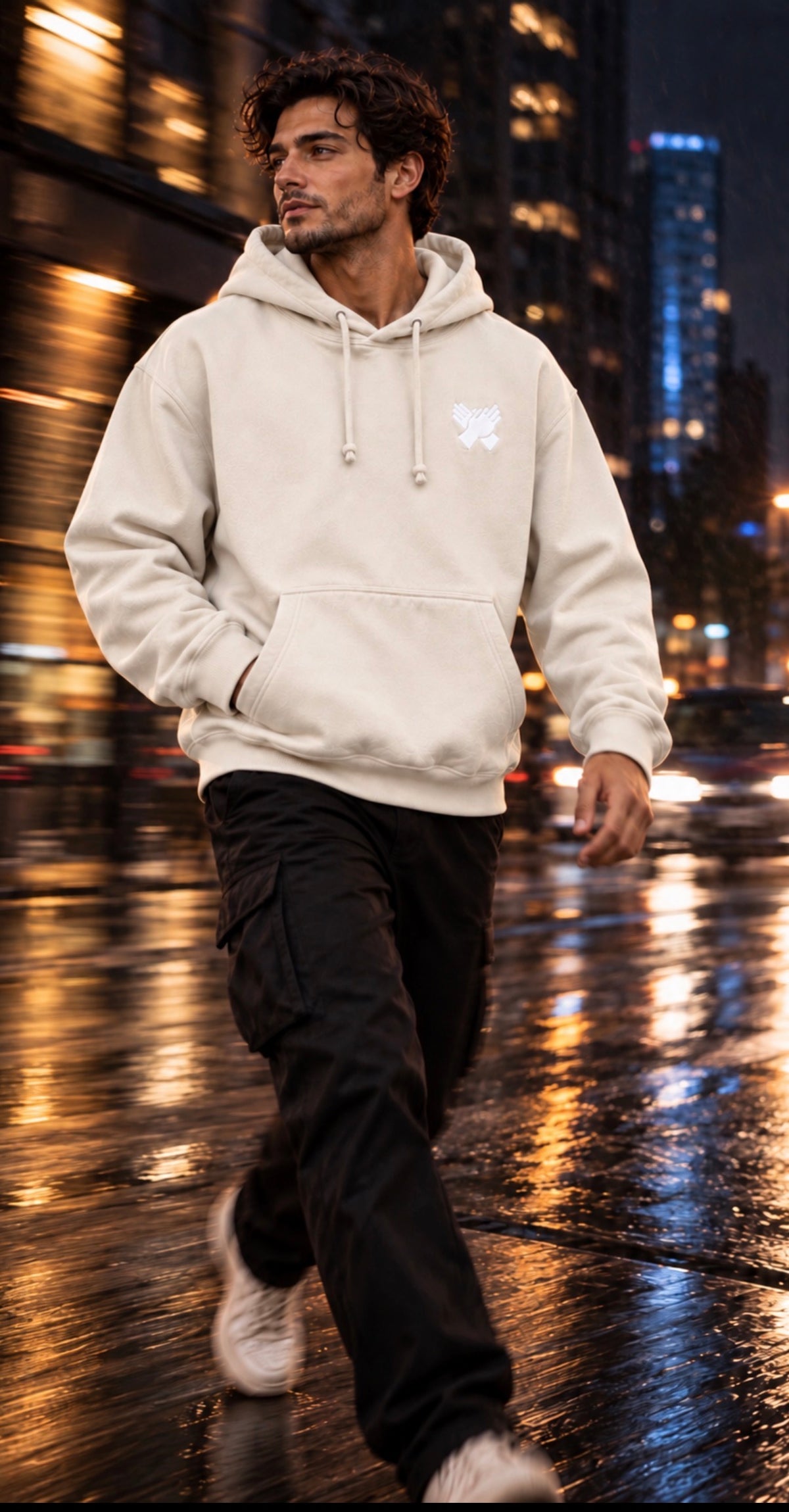     Bone cream oversized hoodie displayed on an autumn city street