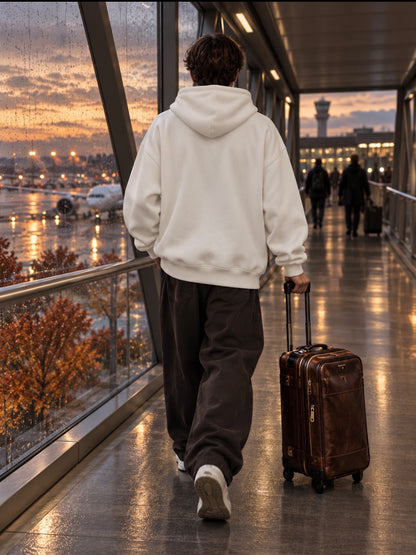     Back view of man wearing NINE N HALF white heavyweight hoodie