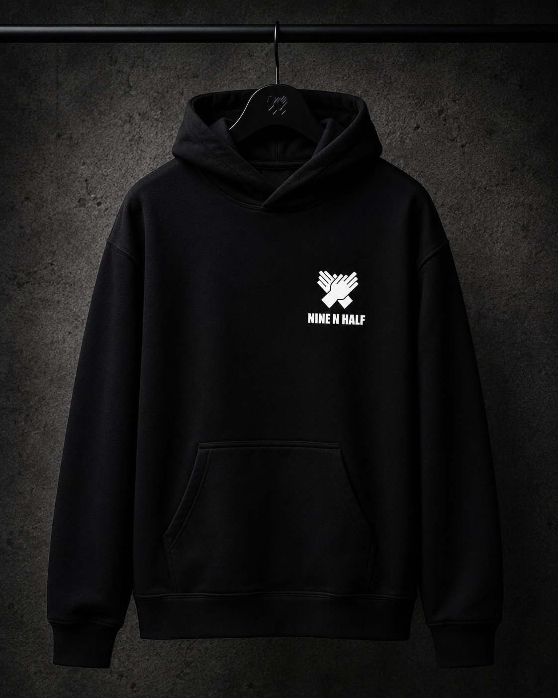     Front view of the Nine N Half First Edition Collection Hoodie In black color with logo