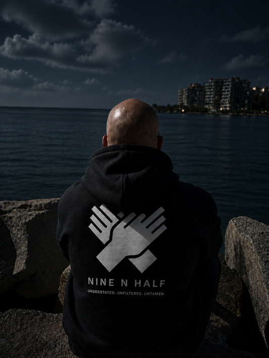     Close-up of the Nine N Half Founders Collection Hoodie logo back view