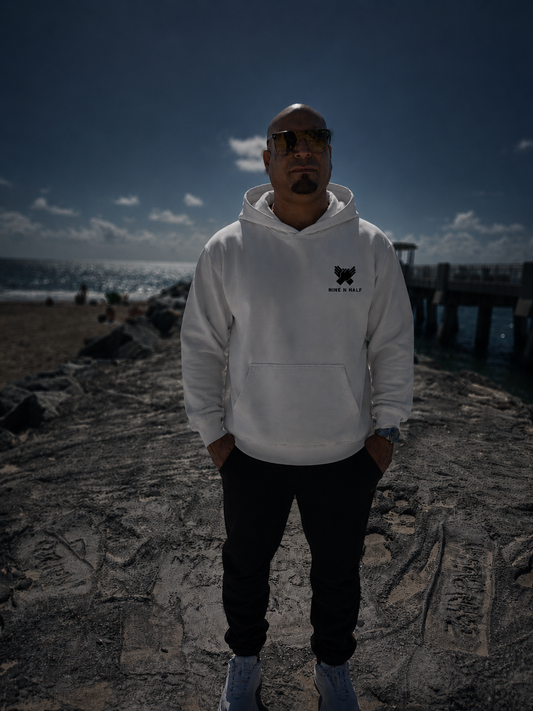     Front view of the Nine N Half First Edition Collection Hoodie In white color