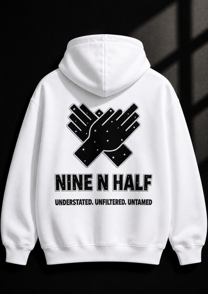     Close-up of the black Nine N Half Founders Collection Hoodie logo In white color